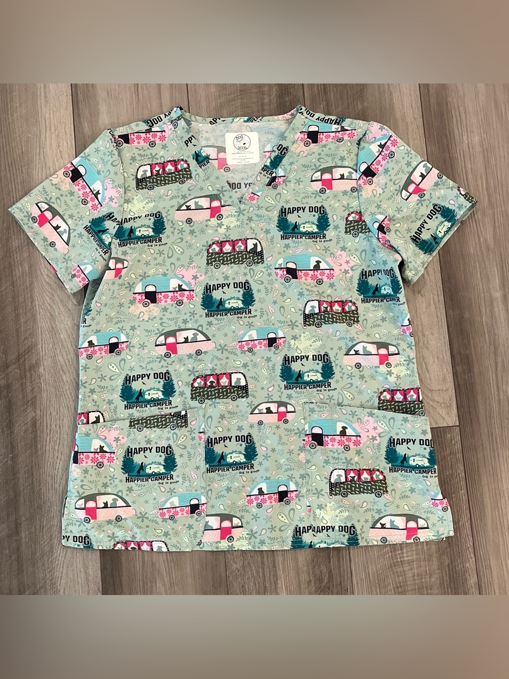 Dog is Good Mint Green Camper & Dog Print Short Sleeve Scrub Top